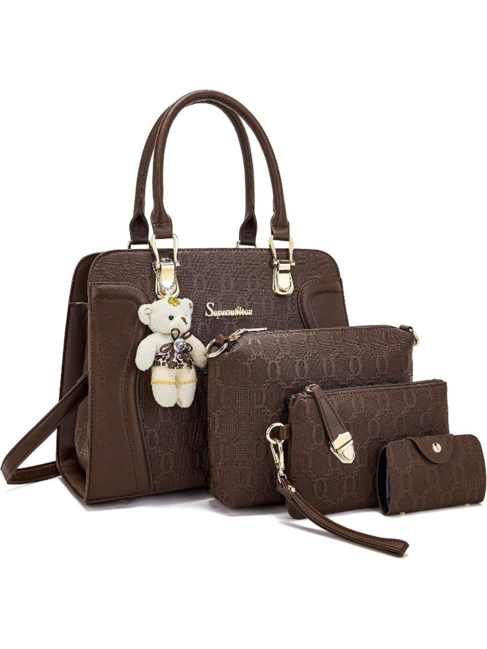 Women's Coffee 4Pc Handbag Set Tote Shoulder Satchel Purse with Bear Charm